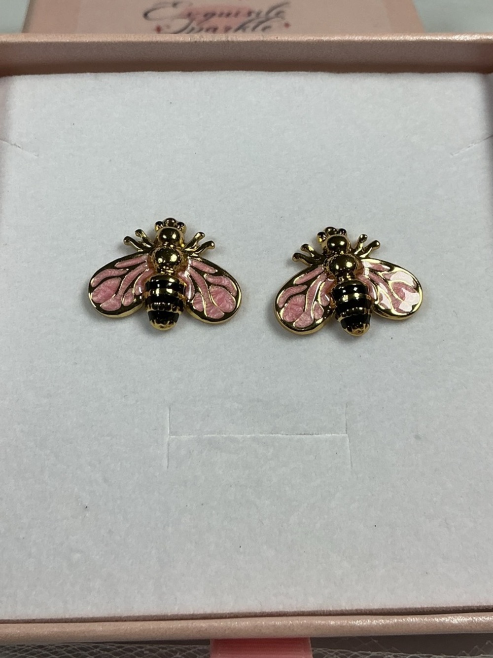 Pink & Black Bee Earrings Hand Painted Enamel Hypoallergenic Post Drop Goldtone - Picture 10 of 16